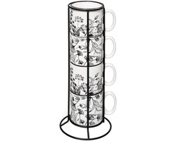 Secret de Gourmet Koffie mokken/bekers Flowers - 4x stuks in metalen rekje - Keramiek - glans afwerking - 240 ml - 7 x 8 cm