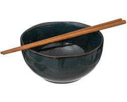 Secret de Gourmet Pokebowl/noedels servies - 2x stuks kommetjes met chopsticks - kunststeen - jade groen - D15 x H7 cm