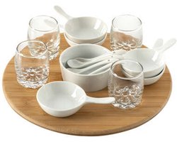 Secret de Gourmet Serveerplank/amuse/aperitief hapjes - bamboe/porselein - wit - voor 4x personen - 14-delig - keuken/tafelen - draaiplateau