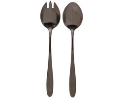 Secret de Gourmet Sla bestek/couvert - 2 delig - zwart - metaal - 24 cm - saladebestek/slacouvert - opscheplepels fruit/groente