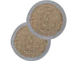 Secret de Gourmet Tafel Placemat - Set van 4x stuks - zeegras en grijs - rond - Dia 39 cm - Onderleggers van riet