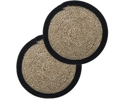 Secret de Gourmet Tafel Placemat - Set van 6x stuks - zeegras naturel/zwart - rond - 39 cm - Onderleggers - Ontbijt en Diner
