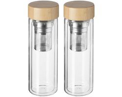 Secret de Gourmet Theefles - 2x - dubbelwandig - glas/bamboe - 40 cl - infusiefles/theepot