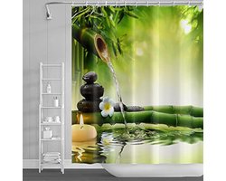 Selbro®, 122 x 183 cm spa bamboe douchegordijn groene bladeren aromatische kaarsen watertherapie bloemen bad gordijn zen meditatie basalt stenen bad gordijn voor badhuis stof polyester met haken