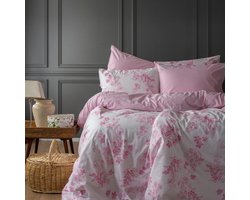 Selbro ® Beddengoedset met Omkeerbaar Bloemen- en Strependesign in Zachte Roze- en Witte Tinten