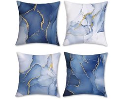 Selbro®, Blauwe marmeren Kussenhoezen 45 x 45 cm abstract marmer blauw en goud moderne decoratieve sierKussenslopen Kussenslopen voor bank patio woondecoratie set van 4