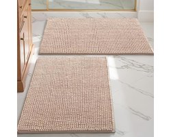 Selbro®, Chenille badmat 60x90cm, set van 2 waterabsorberende en antislip badmatten, machinewasbare badmat voor badkamer, bad en douche, beige