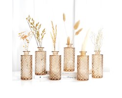 Selbro® Diamant Stijl Amber Vazen Set van 6 - Knoppenvazen in Bulk - Glazen Vazen voor Bloemen, Pampus Gras - Vintage Design voor Tafeldecoraties, Bruiloft Kopstukken