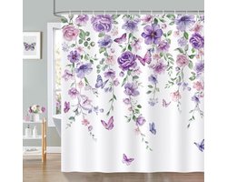 Selbro®, Douchegordijn, bloemen, bladeren, paars, planten, vlinders, polyester, waterdicht, anti-schimmel, wasbaar, badgordijnen, 180 x 180 cm, met 12 haken