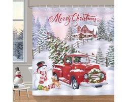 Selbro®, Douchegordijn voor Kerstmis, vrachtwagen, rood, boom, sneeuwpop, rustiek, boerderij, winter, polyester, waterdicht, schimmelbestendig, wasbaar, Douchegordijn, 180 x 180 cm, met 12 haken