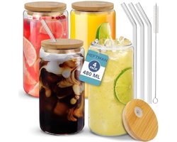 Selbro ® Glazen bekers met deksels en rietjes - 4 stuks, 480 ml, ijskoffieglas voor smoothies, bier
