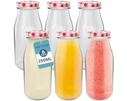 Selbro ® Glazen melkflessen met deksel - lege 250ml set van 6 luchtdichte mini-melkflessen met rode ginghamdeksels voor dranken, vloeistoffen en decor - retro glazen sapflessen voor bruiloften