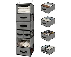 Selbro ® Hangende Organizer met 6 Vakken, Kledingkast Organizer Hangende, Hangkast Organizer met Zijvakken, Kast Organizer Opbergen en Organiseren, Kleding Organizer, Grijs