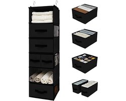 Selbro ® Hangende Organizer met 6 Vakken, Kledingkast Organizer Hangende, Hangkast Organizer met Zijvakken, Kast Organizer Opbergen en Organiseren, Kleding Organizer, Zwart