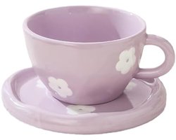 Selbro ® Koffiekopjes Set Met Schotel - Paarse Bloemen Design, 250 ml Keramische Mok voor Thee en Koffie, Ideaal Cadeau voor Vrouwen