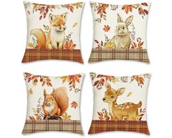 Selbro®, Kussenhoezen voor herfst, dieren, 45 x 45 cm, vos, hert, eekhoorn, konijn, polyester, linnen, decoratief kussen voor bank, bed, huis, tuin, outdoor, 4 stuks