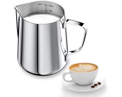 Selbro ® Melkkannetje voor het opschuimen van melk, 600 ml inhoud, roestvrij staal, melkkan met inhoudsaanduiding, voor barista‘s, melkpitcher voor cappuccino, espresso, latte kunst, zilverkleurig