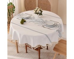 Selbro®, Rond tafelkleed, 140 cm, van linnen en katoen, wasbaar, beige, tafelkleed met verborgen blauwe bladeren, kwastjes voor verjaardag, bruiloft, eetkamer, salontafel