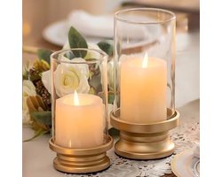 Selbro ® Set van 2 Kaarshouders voor Pilaarkaarsen - Elegante Metalen Standaards met Glazen Huls in Goud - Perfect voor Bruiloften, Feesten en Tafeldecoratie