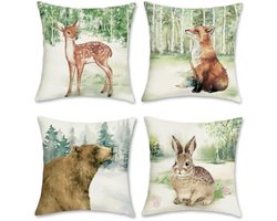Selbro®, Set van 4 Kussenslopen bosdieren, 45 x 45 cm, hert vos, konijntje, polyester, linnen, decoratieve Kussenhoezen, sierKussenhoezen voor bank, slaapkamer, woonkamer, tuin, outdoor, woondecoratie