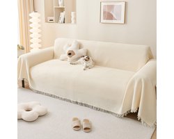 Selbro ® Sfeervolle Grote Wafelpatroon Sofa Overtrek met Decoratieve Franje - Crème Kleur, 180x340 cm, Geschikt voor 3-Zitsbanken