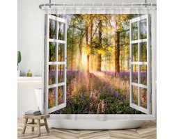 Selbro®, Vensterzicht douchegordijn 180 x 200 cm, lente, paars, bloemen, groen, bos, jungle, zonneschijn, badkamer, wasbaar, polyester textiel, waterdicht, badgordijn voor de badkuip, met 12 haken