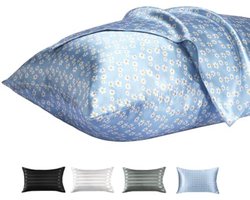 Selbro ® Zijdeachtige Satijnen Kussenhoes met Rits, Gladde Bloemenprint met Blauw Madeliefje, 50 x 75 cm