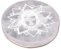 Seleniet Oplaadsteen Rond Lotus 10cm. - Oplaadbord van Seleniet - Lotus en Boeddha Seleniet