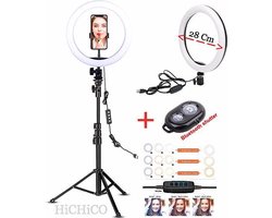 Selfie LED Ring Lamp 26Cm Met Spiegel + Tripod - Statief Camera 210 CM hoog Inclusief Bluetooth afstandsbediening en Telefoonhouder - Selfie lamp - Ringlamp - Statieven - Tik tok - flitser - Make up light - Studiolamp – Ring Light van HiCHiCO®