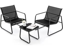 Sello! tuinset – balkonset – driedelig – twee stoelen – 1 salontafel – ergonomisch ontwerp – ademende stof – metalen frame - zwart