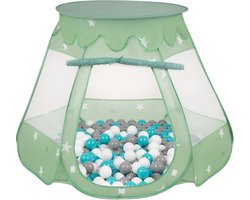 Selonis Baby Spielzelt Mit Plastikbällen Zelt 105X90cm/300 Stück Bälle Plastikkugel Kinder, Minze:Grau/Weiß/Türkis