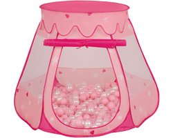 Selonis Jongens en Meisjes Kasteeltent voor Kinderen met 100 ballen - Snel Opvouwbaar met Afneembaar Dak en Ademend Gaas - Buitenspeelgoed en Binnenhuis Plezier met Opbergtas - roze:poederroze-paars-transparant