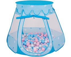 Selonis Jongens en Meisjes Kasteeltent voor Kinderen met 100 ballen - Snel Opvouwbaar met Afneembaar Dak en Ademend Gaas - Buitenspeelgoed en Binnenhuis Plezier met Opbergtas - blauw:babyblauw-paarsroze-parelmoer