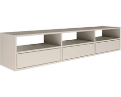 Selsey Framme – zwevend tv-meubel met drie kleppen en open vakken, kasjmier grijs, 150 cm