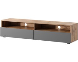 Selsey Rednaw – TV-meubel met twee lades, eikenlook / hoogglans grijs met LED, 140 cm
