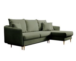 Selsey Volio – Slaapbank hoekbank, waterafstotend fluweel, universeel, gouden poten, Saliegroen