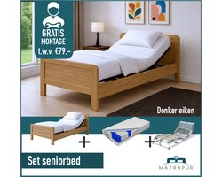 Seniorenbed Compleet elektrische set 90x200 cm eiken kleur + 42-lats Elektrisch Verstelbaar + Diva De Luxe 7 zone pocketveermatras