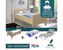 Seniorenbed Compleet elektrische set ledikant seniorenbed 90x200 cm eiken + 42-lats Elektrisch Verstelbaar + Diva De Luxe 7 zone pocketveermatras