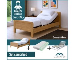 Seniorenbed Compleet elektrische set ledikant seniorenbed 90x200 cm eiken kleur + 42-lats Elektrisch Verstelbaar + Champ - 7 Zone Pocket 300 matras - 90x200 cm
