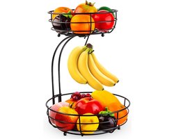 SensaHome - Fruitmand met Bananenhouder - Rond 2-Laags Zwart - Fruitschaal - Etagere - Metaal - Industrial - Modern