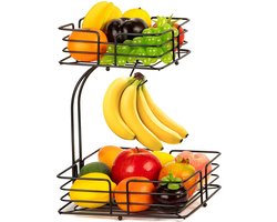 SensaHome - Fruitmand met Bananenhouder - Vierkant 2-Laags Zwart - Fruitschaal - Etagere - Metaal - Industrial - Modern