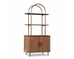 SensaHome Japandi Boekenkast – Boogvormige Vakkenkast met Schuifdeuren en Open Planken – 78x50x160 cm – Walnoot