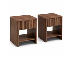 SensaHome Japandi Nachtkastje – Set van 2 – Lade en Open Schap – Slaapkamer Opbergtafel – 45x40x55 cm – Walnoot