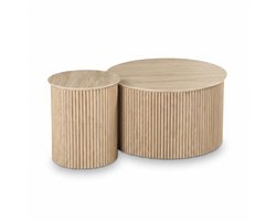 SensaHome Japandi Salontafel Set – 2 Ronde Bijzettafels met Geribbelde Voet – Ø74x41 cm en Ø40x46 cm – Eiken