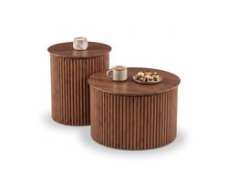 SensaHome Japandi Salontafel Set – 2 Ronde Bijzettafels met Geribbelde Voet – Ø74x41 cm en Ø40x46 cm – Walnoot