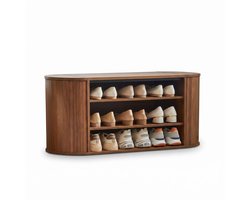 SensaHome Japandi Schoenenbank – Schoenenrek & Schoenenkast met Open Vakken – Ovaal Entreemeubel – 100x35x43 cm – Walnoot
