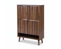 SensaHome Japandi Schoenenkast – 2 Klepdeuren en Open Vak Onderaan – Hal Opbergkast – 80x24x92 cm – Walnoot