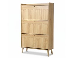 SensaHome Japandi Schoenenkast – 3 Klepdeuren met Open Legplank – Hal Opbergkast – 80x24x130 cm – Eiken