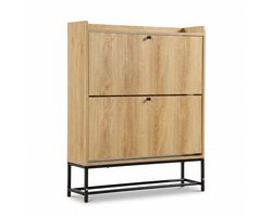 SensaHome Japandi Schoenenkast – Schoenenrek met 2 Klepdeuren – Hal Opbergkast – 80x24x100 cm – Eiken