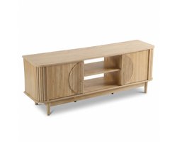 SensaHome Japandi TV Kast – TV-meubel met Geribbelde Schuifdeuren en Open Planken – 153x38x53 cm – Eiken